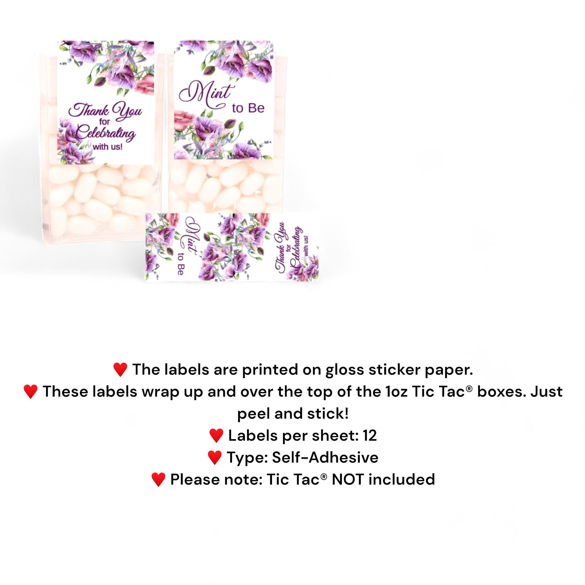 Pink and Purple Wedding Tic Tac Labels, Tic Tac Party Favor Stickers