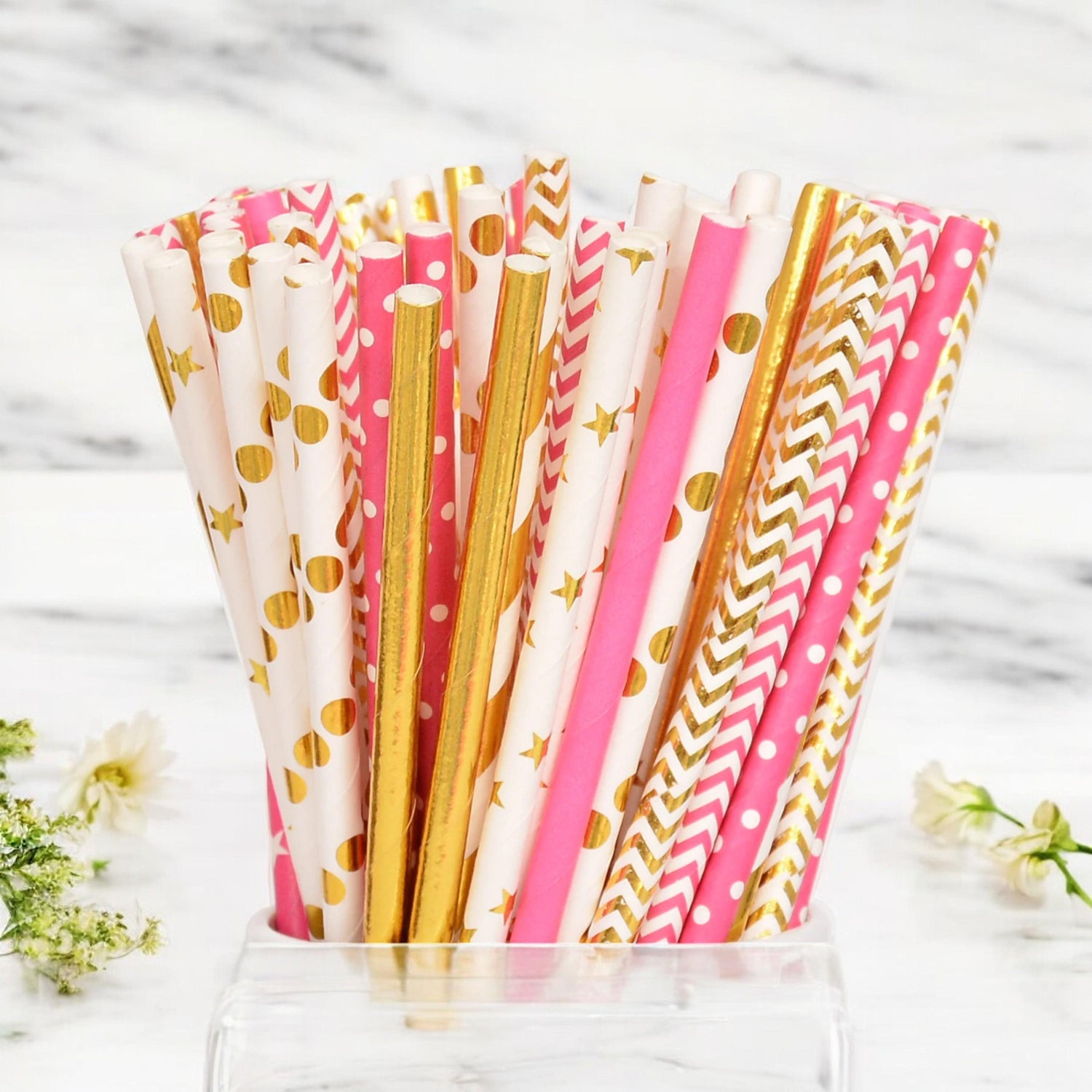 50 Pink Gold Paper Straws, Baby Shower Birthday Baby Girl Princess Party Decoration