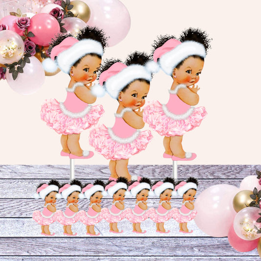 Christmas Ballerina Pink White Santa Hat Birthday Centerpieces Baby Shower Table Decor