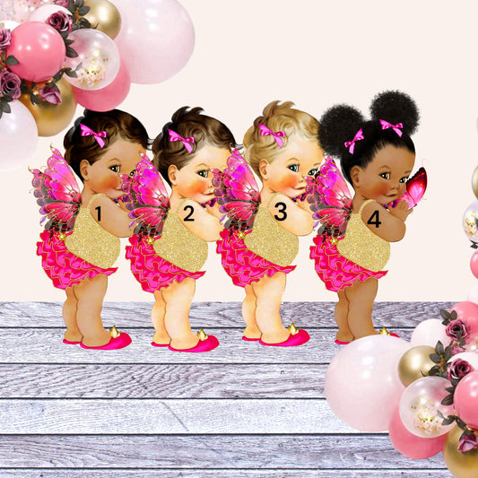 Butterfly Princess Topper Centerpiece Cutouts, Hot Pink Ruffle Pants Gold Glitter Shirt Baby Shower 1st Birthday Party Decoration