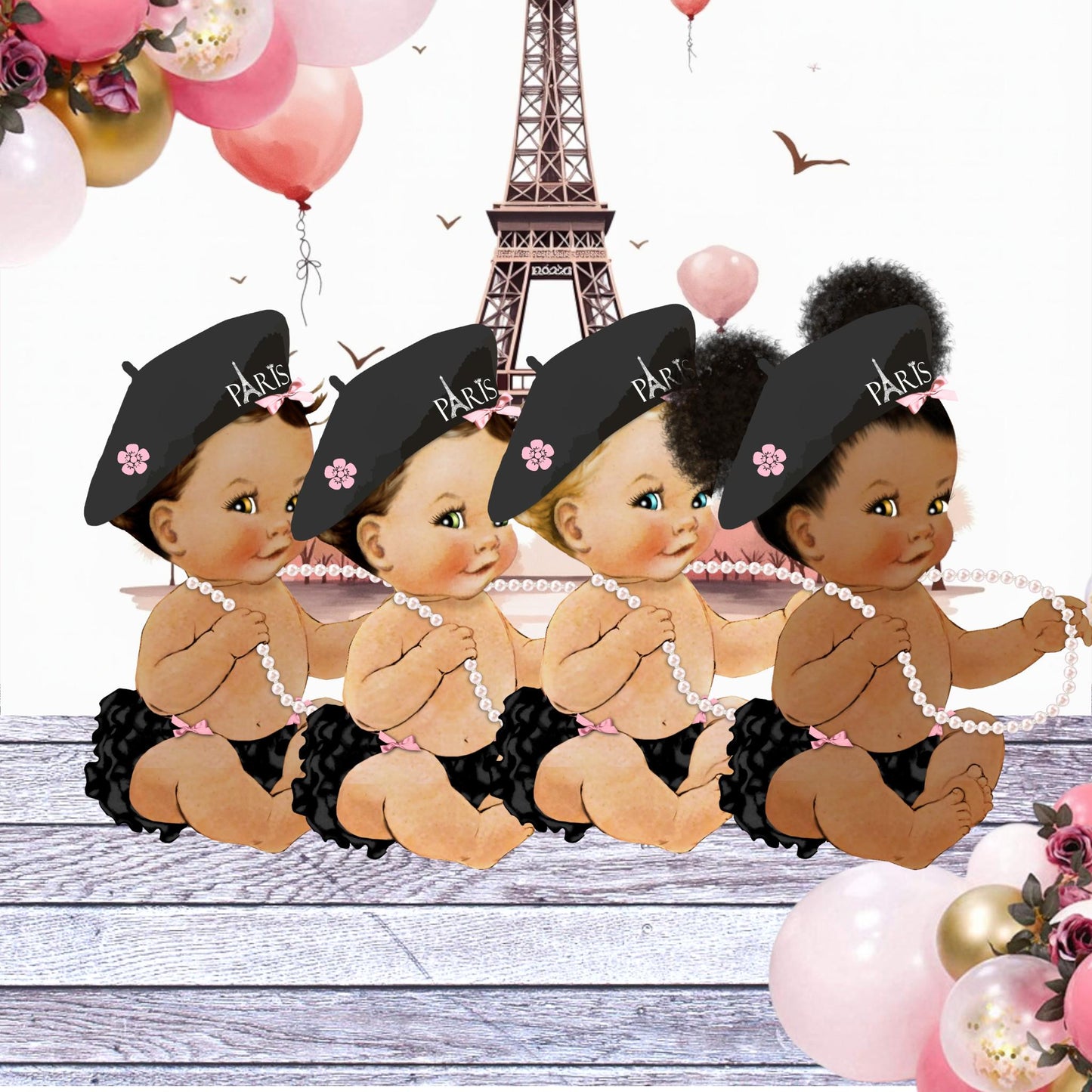 Paris Baby Girl Shower Cake Topper Table Centerpiece - Sitting Girl Paris Theme Party Decorations - 1st Birthday Cake Topper Wall Cutouts