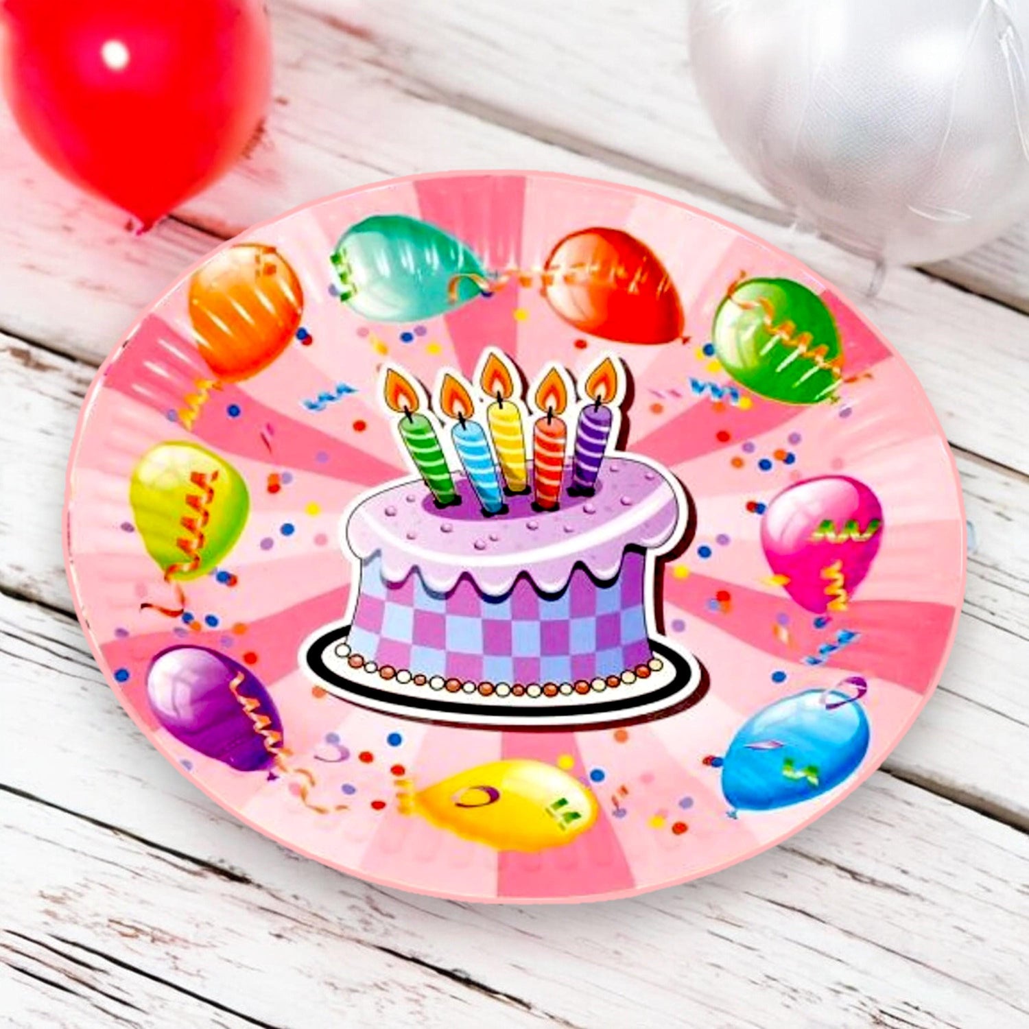Stack of 40 round birthday dessert paper plates featuring a colorful balloon theme for boys and girls.