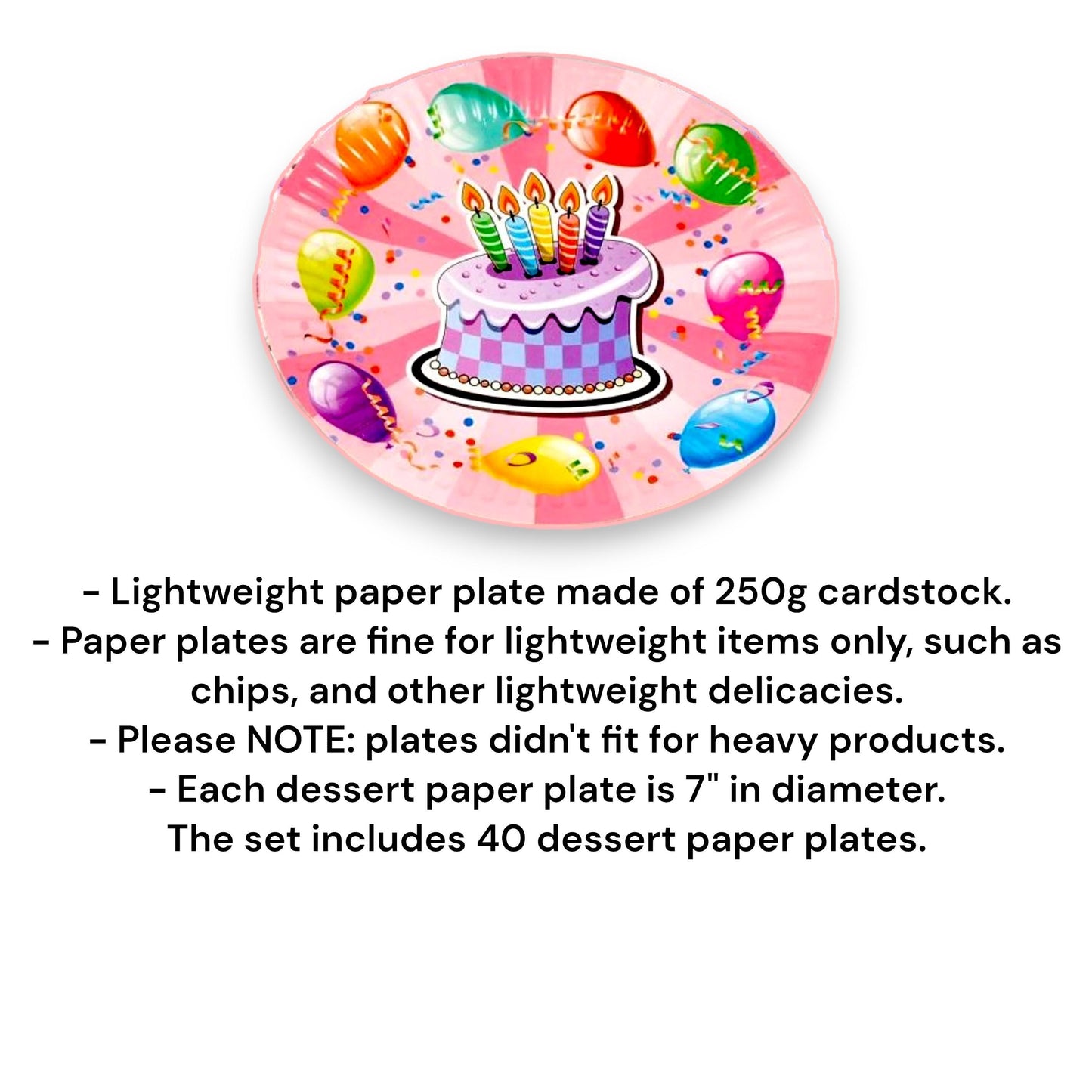 40 Birthday Boy Girl Dessert Paper Plates, Balloon Theme Tableware, 7" Diameter