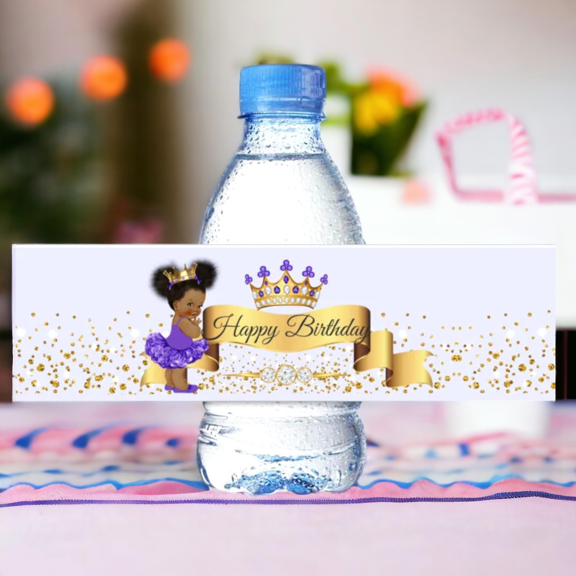 Purple Princess Water Bottle Labels African American Birthday Baby Shower Decoration for Party Favors Tutu Gold