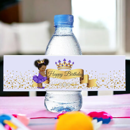 Purple Princess Water Bottle Labels African American Birthday Baby Shower Decoration for Party Favors Tutu Gold