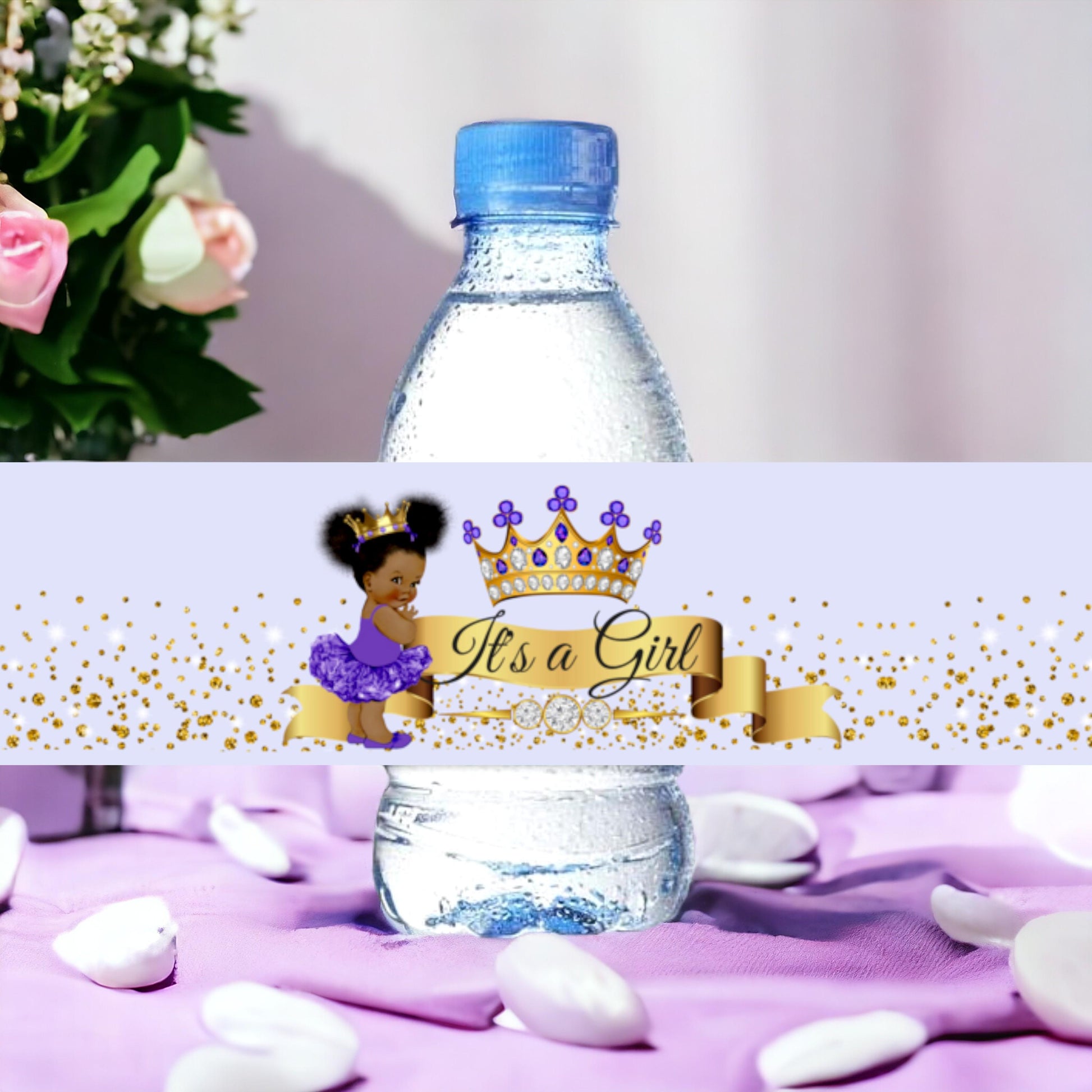 Purple Princess Water Bottle Labels African American Birthday Baby Shower Decoration for Party Favors Tutu Gold