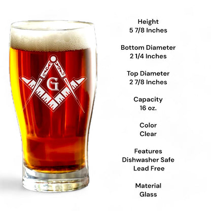 Masonic Pub Glass 16 oz. Beer Glass Gift Laser Engraved, Etched Square Compass Beer Glass, Freemason Lodge Gift