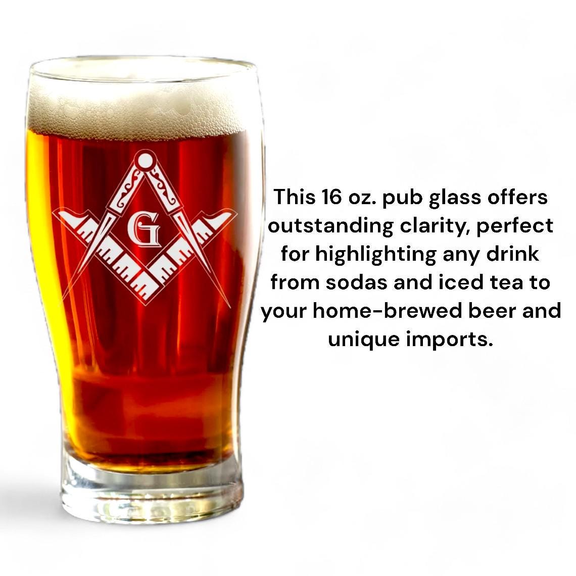 Masonic Pub Glass 16 oz. Beer Glass Gift Laser Engraved, Etched Square Compass Beer Glass, Freemason Lodge Gift