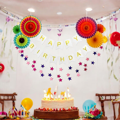 Birthday Celebration Kit - Paper Fan Garland & Banner Set with Stars String