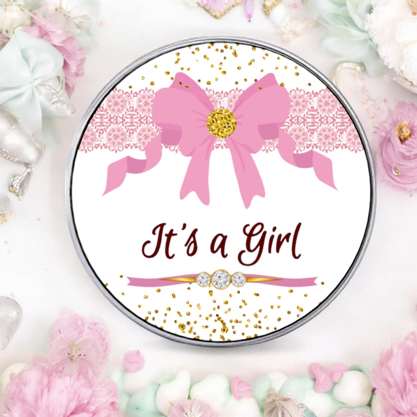 Pink It's a Girl Baby Shower Favor Labels Stickers with Bow Gold Glitter Lace