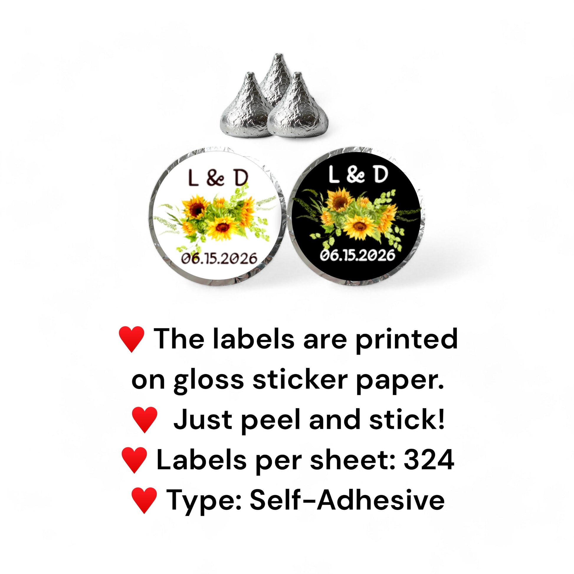 Personalized Sunflower Kisses Stickers for Hershey® Kiss Candies Wedding Bridal Shower Floral Party Favor Labels