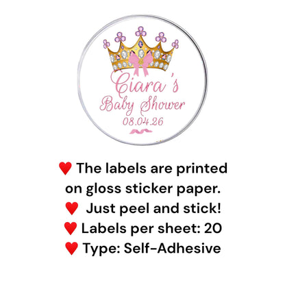 Custom Princess Crown Baby Shower Labels Stickers, Baby Girl Party Favor Labels