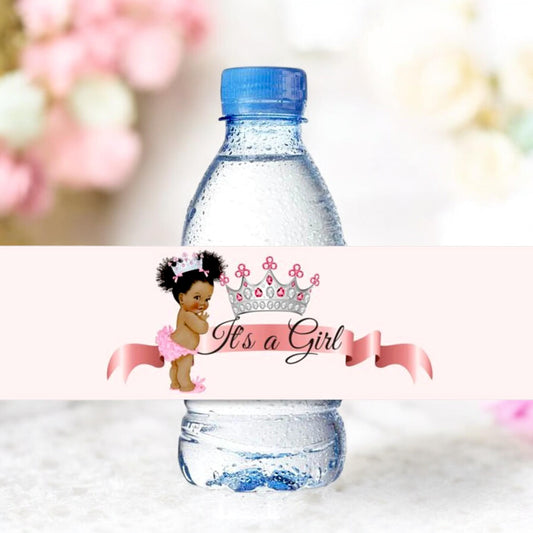 Princess Water Labels, Pink Silver Baby Girl African American Ethnic Royal Baby Shower Party Favor Decoration