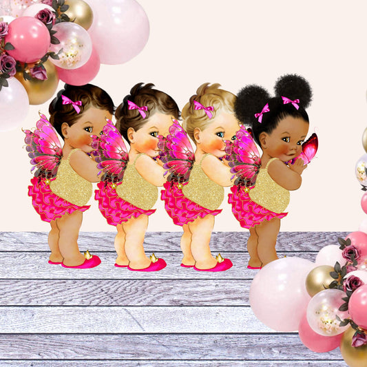 Butterfly Princess Topper Centerpiece Cutouts, Hot Pink Ruffle Pants Gold Glitter Shirt Baby Shower 1st Birthday Party Decoration