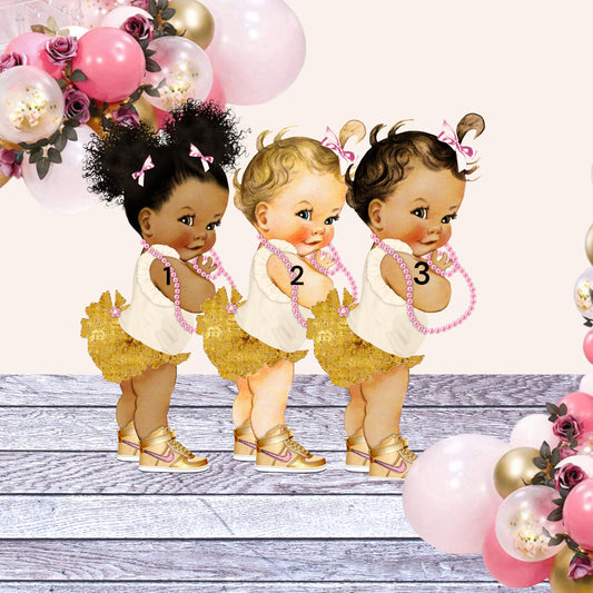 Butterfly Princess Topper Centerpiece Cutouts, Hot Pink Ruffle Pants Gold Glitter Shirt Baby Shower 1st Birthday Party Decoration