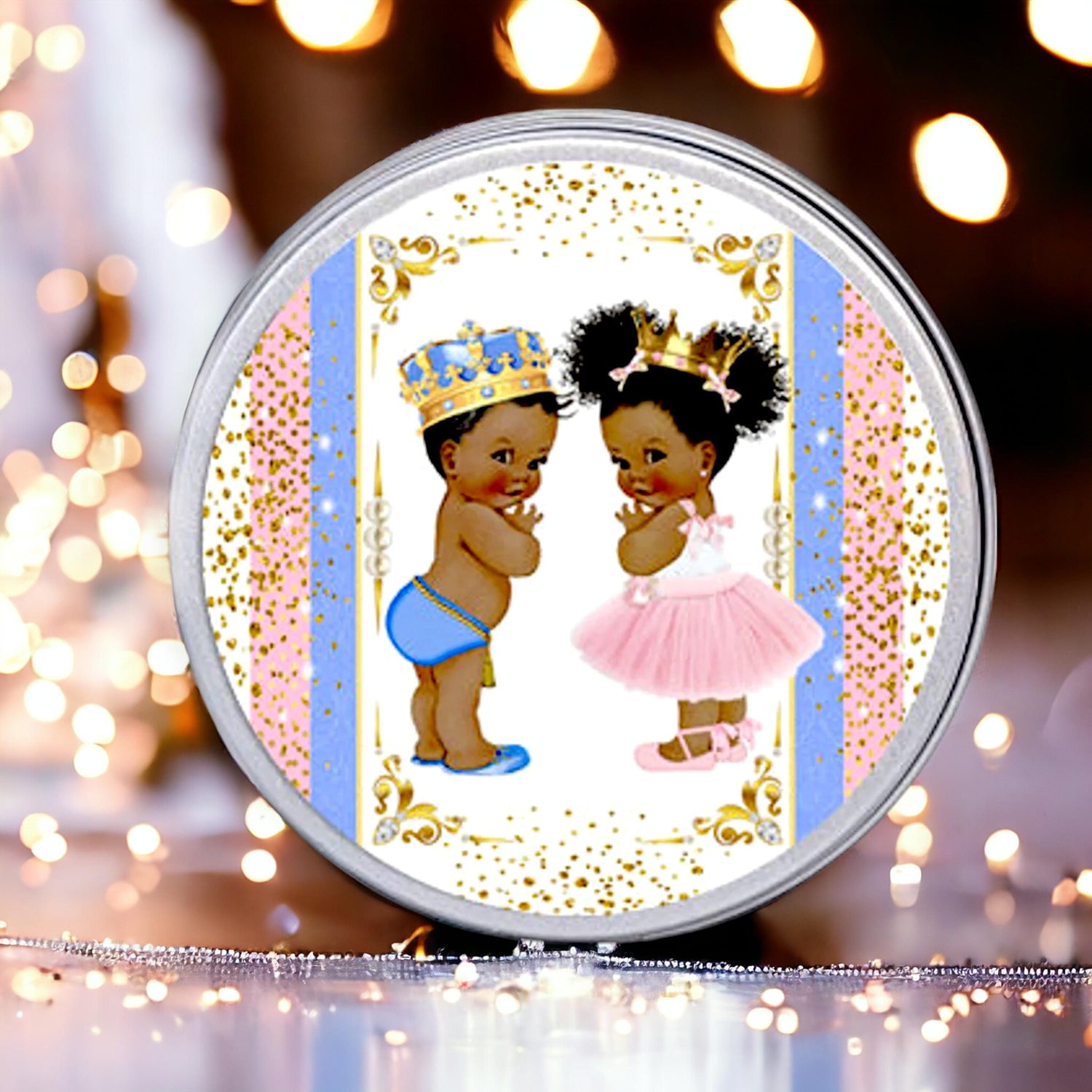 Twins Baby Shower Labels Prince Princess Party Favor, Twin Royal Birthday, Twins Boy Girl African American Baby Shower Stickers