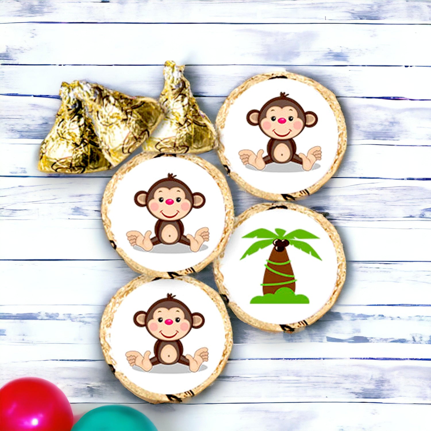 Monkey Baby Shower Kisses Fit Labels, Round Stickers for Chocolate Candy Bar, Birthday Party Favors