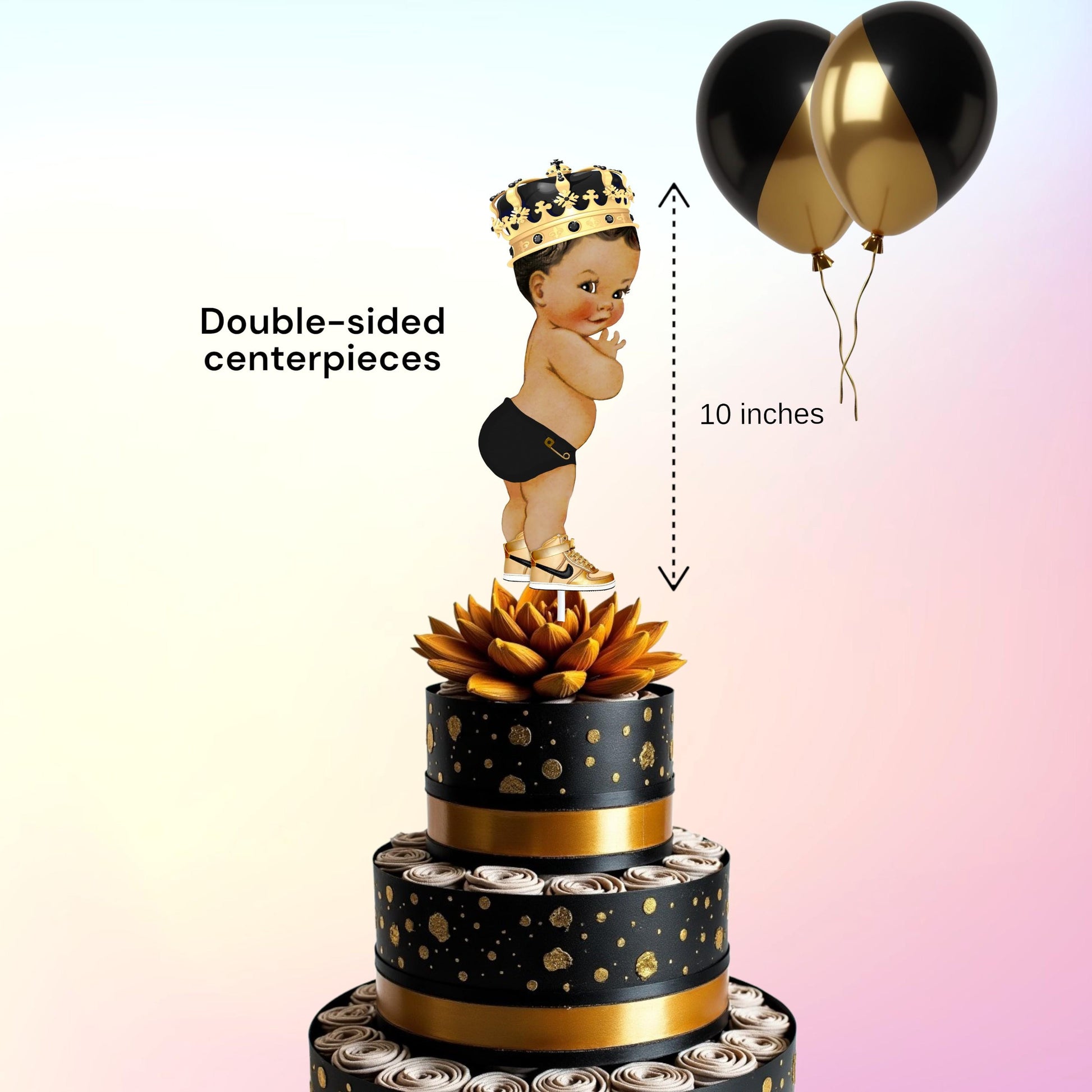 Black Diapers Little Prince Cutouts Gold Crown Sneakers Baby Shower Birthday