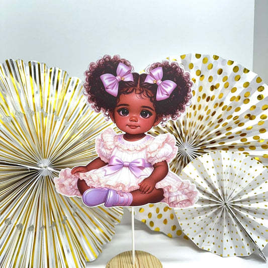 African American Baby Shower Girl Centerpiece Wood Base, Table Diaper Cake Decoration Vintage Lavender White 1st Birthday Party