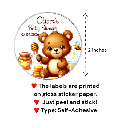 Personalized Boy Baby Bear Labels Honey Sweet Baby Shower Birthday Party Favor Stickers Set of 20, 40