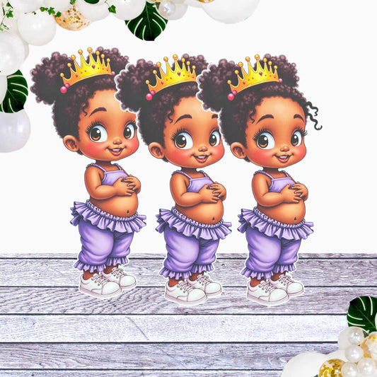 Purple Princess Afro-American Baby Girl Cutouts Centerpieces, Table Cake Topper Baby Shower Party Decorations
