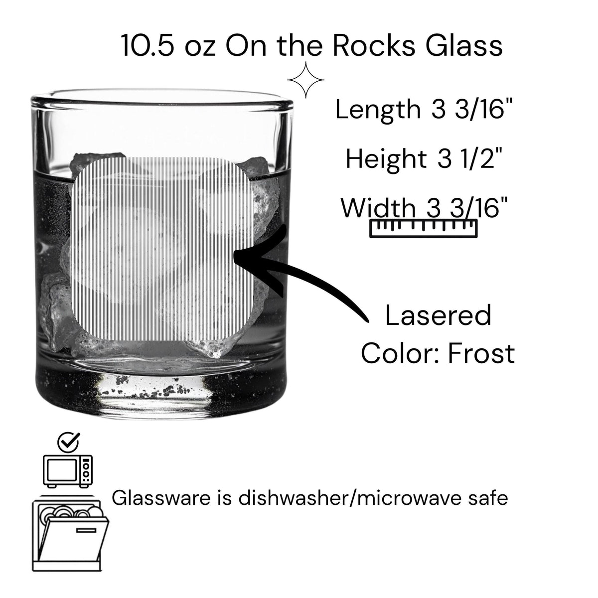 MA 10.5 ounce on-the-rocks glass with a frosted finish. The glass is 3 3/16 inches long, 3 1/2 inches high, and 3 3/16 inches wide. The glass is dishwasher and microwave safe.