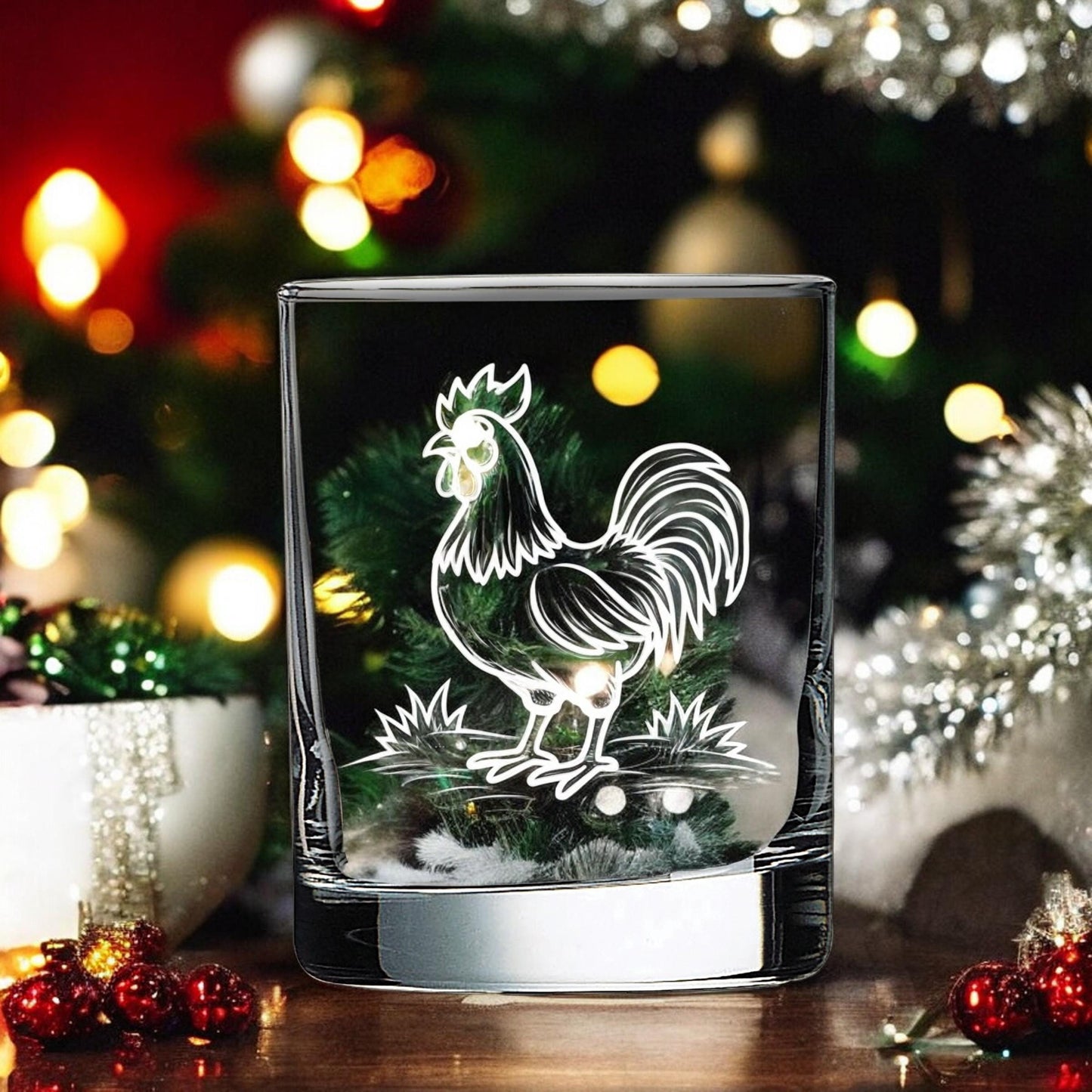 A clear glass tumbler with a rooster design etched into the side. The rooster is facing right and has a detailed design with a comb, wattle, and feathers.