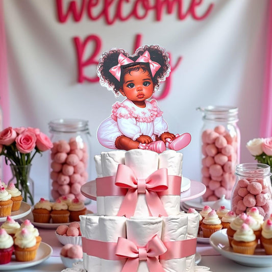 Pink African American Baby Shower Girl Centerpiece Wood Base, Diaper Table Cake Topper Decoration Vintage 1st Birthday Party
