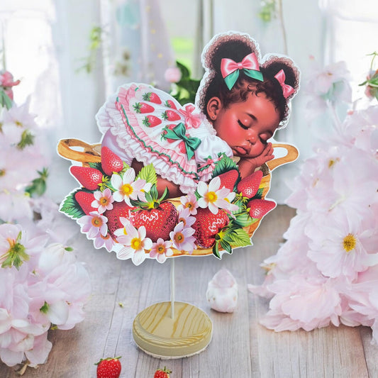 Slipping strawberry girl baby shower centerpiece with pink bow and base