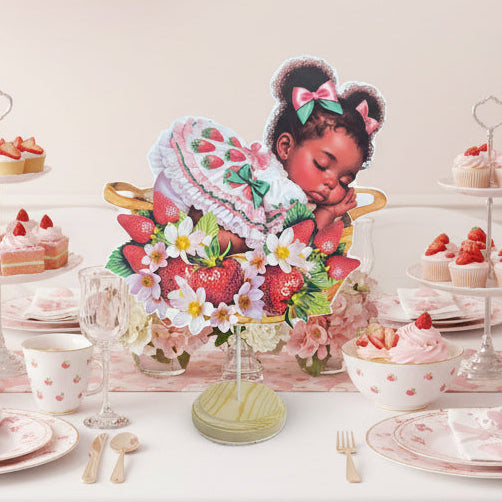African American Slipping Strawberry Girl Baby Shower Centerpiece with Base