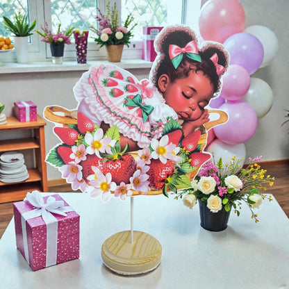 African American Slipping Strawberry Girl Baby Shower Centerpiece with Base