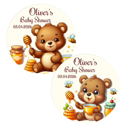 Close-up of a peel-and-stick personalized baby bear sticker, highlighting the high-quality glossy finish.