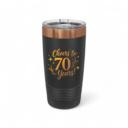 Close-up of a black 20 oz laser engraved birthday tumbler showing the textured finish and custom '21 & Fabulous' design.