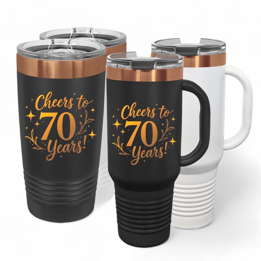 A personalized birthday tumbler with a handle, 40 oz, in black, positioned in a car cup holder to demonstrate fit.