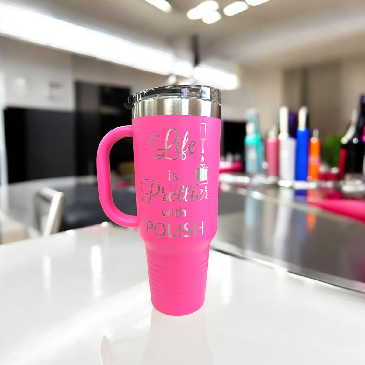 Side view of an insulated 40 oz nail technician tumbler with a handle, highlighting its durable stainless steel finish.