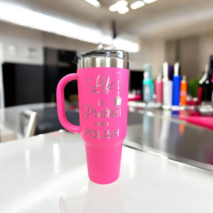 Side view of an insulated 40 oz nail technician tumbler with a handle, highlighting its durable stainless steel finish.