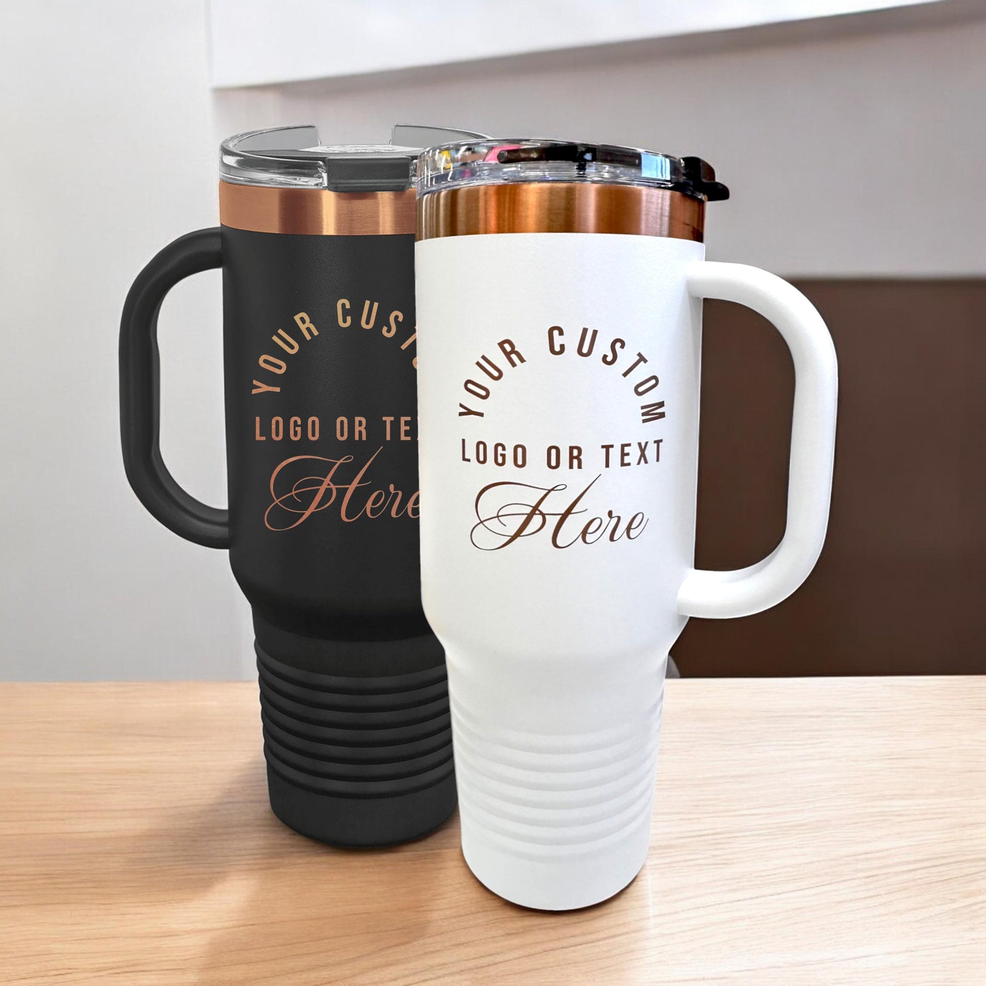 Custom Logo 40 oz Tumbler with Handle – Rose Gold Laser Engraved, Personalized Company Logo, Corporate Gift for Employees