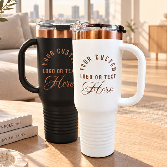 Personalized corporate gift tumbler with handle and logo engraving