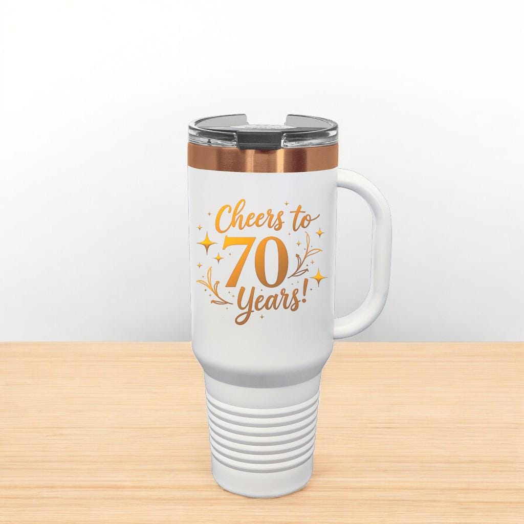 Arrangement of two personalized birthday tumblers, one black 20 oz and one white 40 oz, highlighting the different capacities.