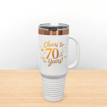 Arrangement of two personalized birthday tumblers, one black 20 oz and one white 40 oz, highlighting the different capacities.