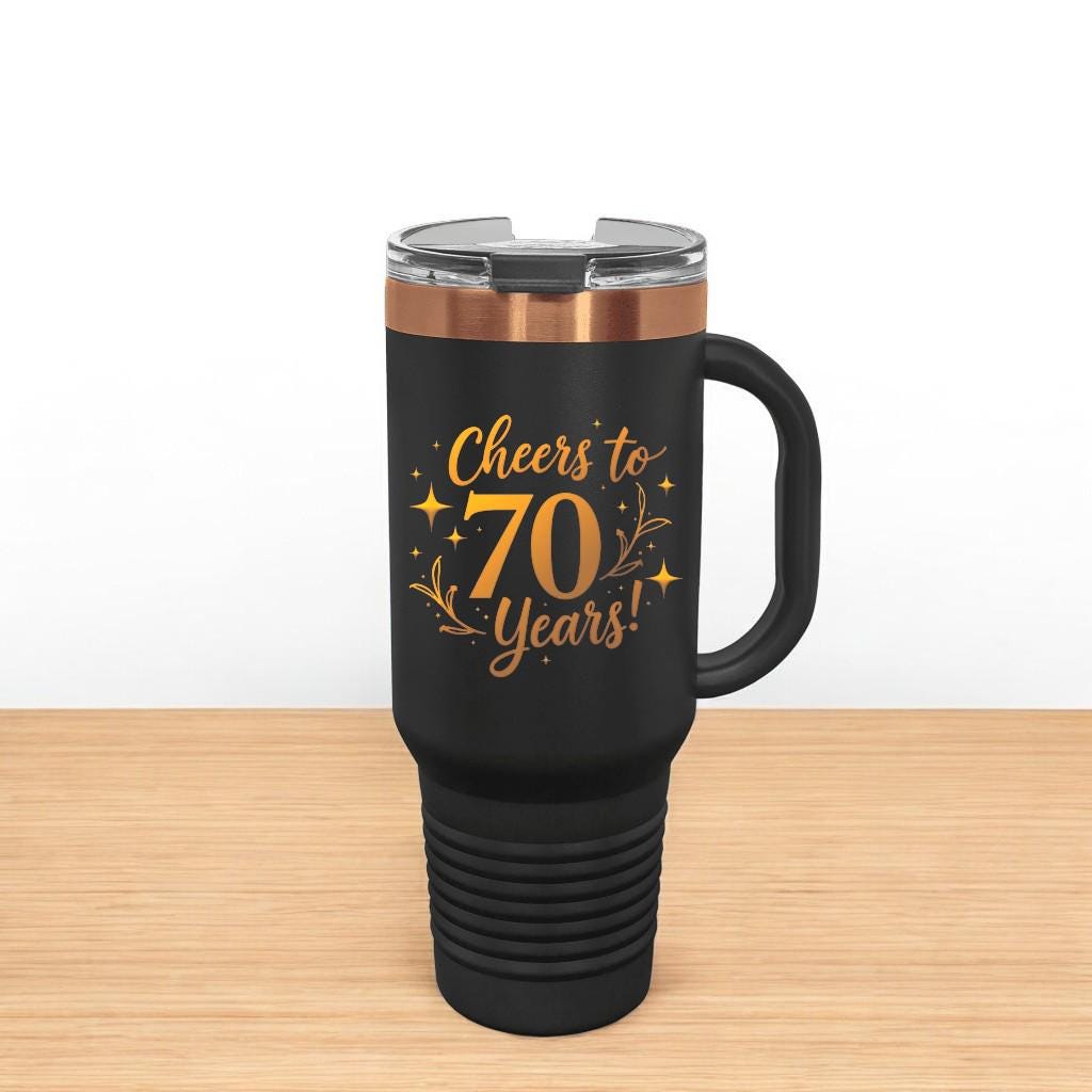 A white 40 oz personalized birthday tumbler with a handle and gold laser engraving, displaying a 'Happy 30th Birthday' message.