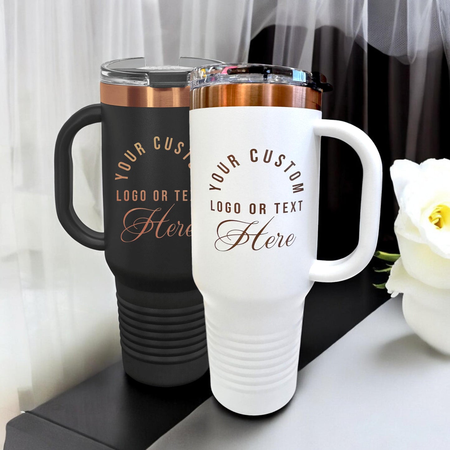 Custom Logo 40 oz Tumbler with Handle – Rose Gold Laser Engraved, Personalized Company Logo, Corporate Gift for Employees