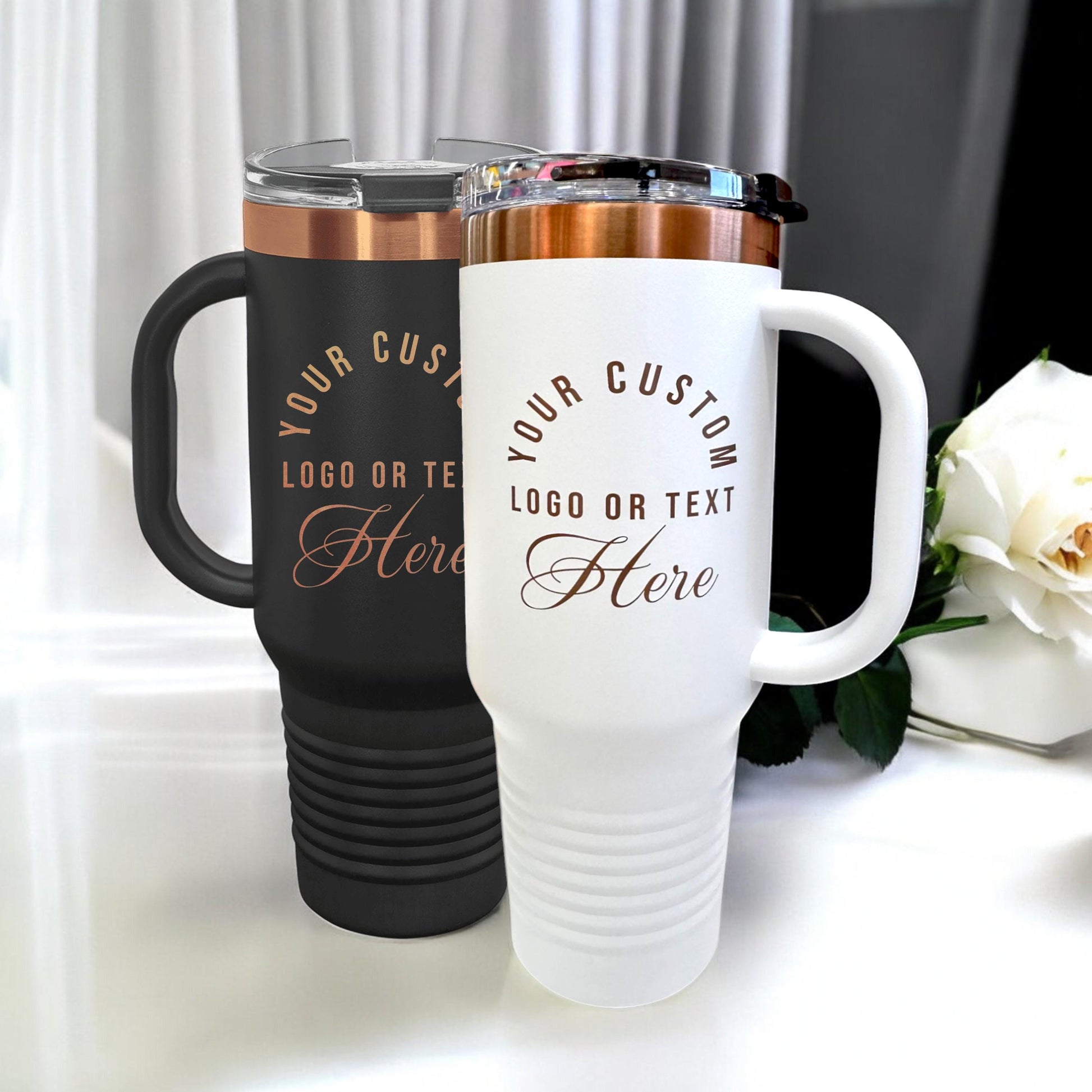 Custom Logo 40 oz Tumbler with Handle – Rose Gold Laser Engraved, Personalized Company Logo, Corporate Gift for Employees