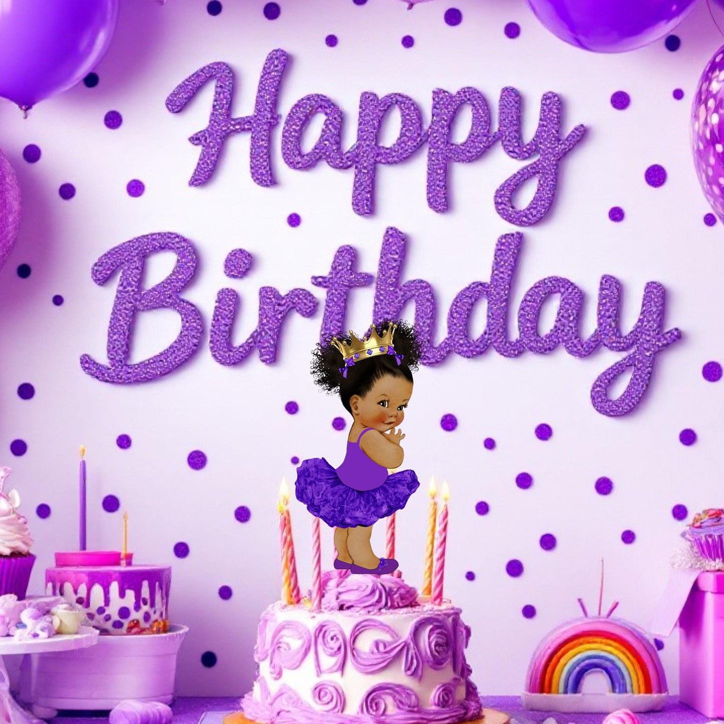 Assorted purple gold princess centerpieces in different sizes, including 4 inch, 10 inch, and 16 inch cutouts