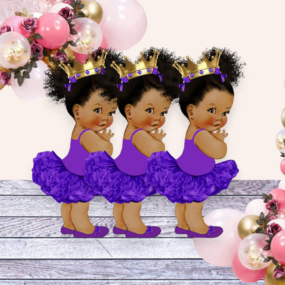 Purple gold princess centerpieces in cardstock, shown as a baby shower table decor set with cutout pieces