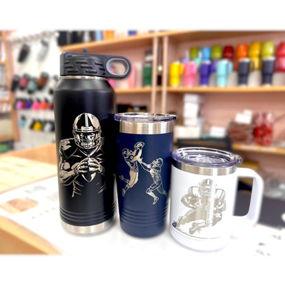 Various sizes and styles of black custom football tumblers, including mugs and water bottles, displayed together.
