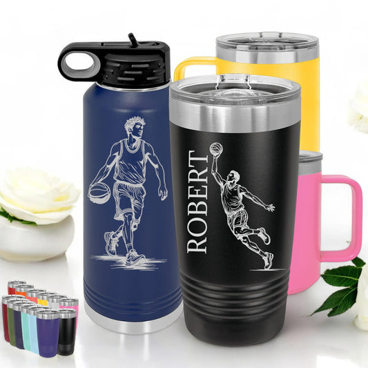 Assortment of basketball drinkware styles including a bottle, tumbler, mug, and handled cup.