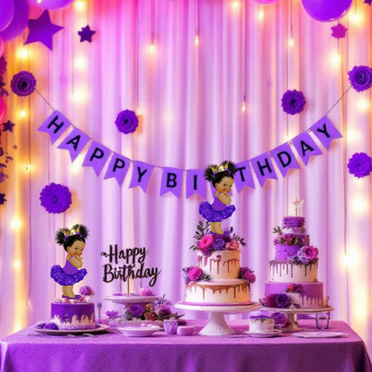 Close-up of purple gold princess centerpieces on white background, featuring single-sided cardstock cutouts