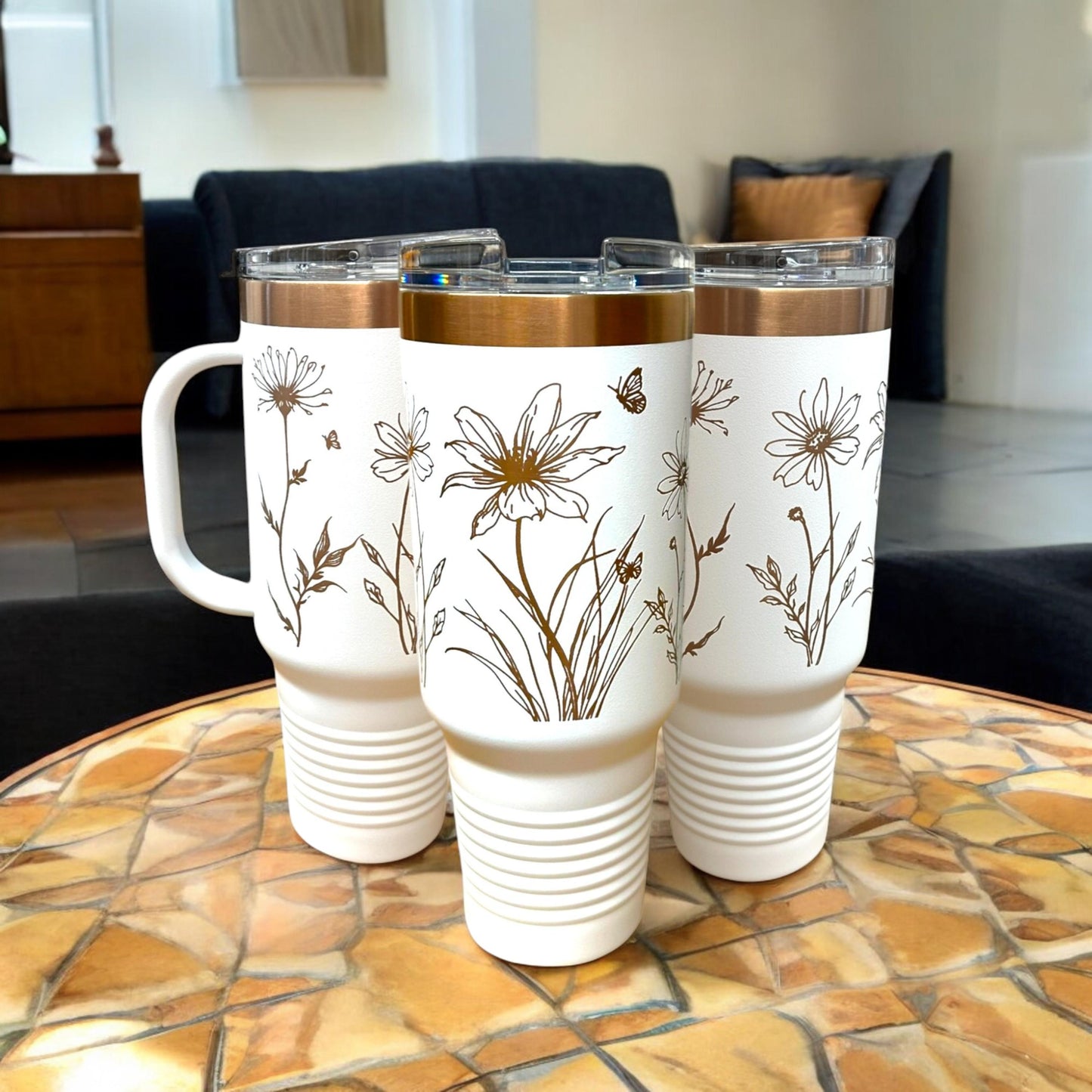 Wild Floral 40 Oz Tumbler with Handle Rose Gold Laser Engraved