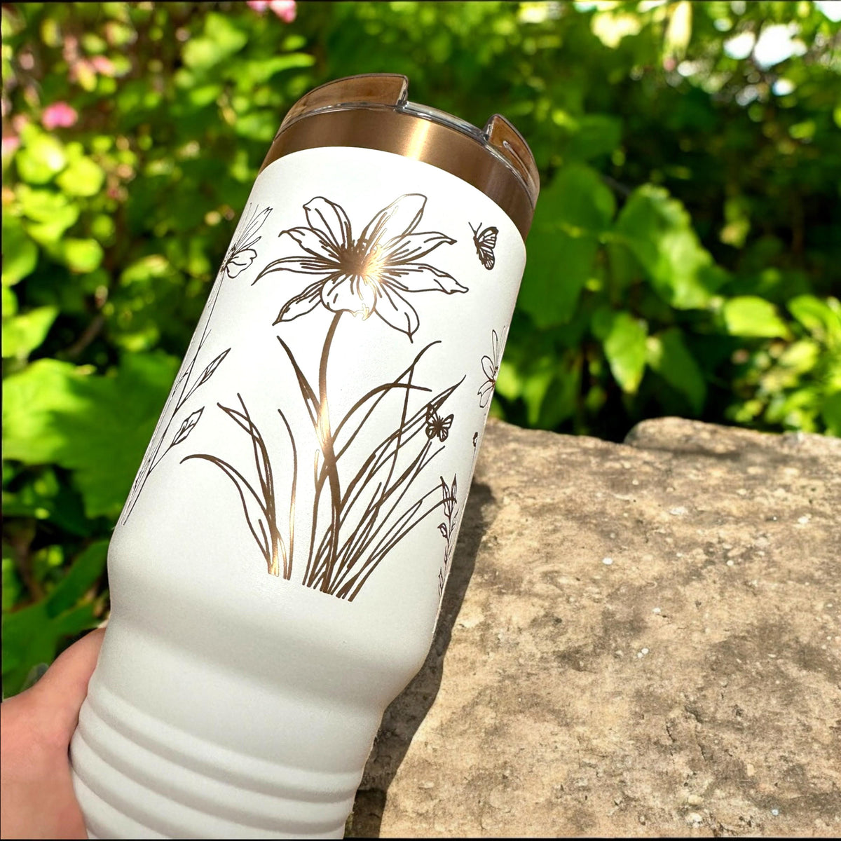 Personalized Wild Floral 40 oz Tumbler | Rose Gold Engraved with Handle